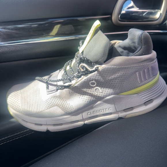 On Running Shoes - ON-Gray and White Athletic Shoe with Yellow Accents